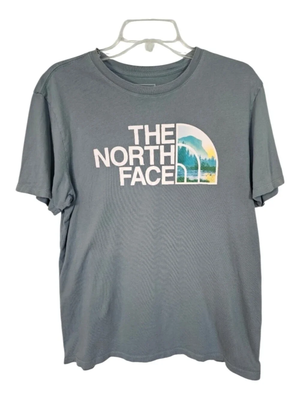 The North Face T-Shirt Gray Green Crew Neck Logo Outdoors Casual Men's Size M